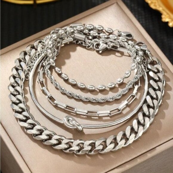 Silver Plated Stainless Steel 5pc Bracelet & Cuff Set - Picture 2 of 3